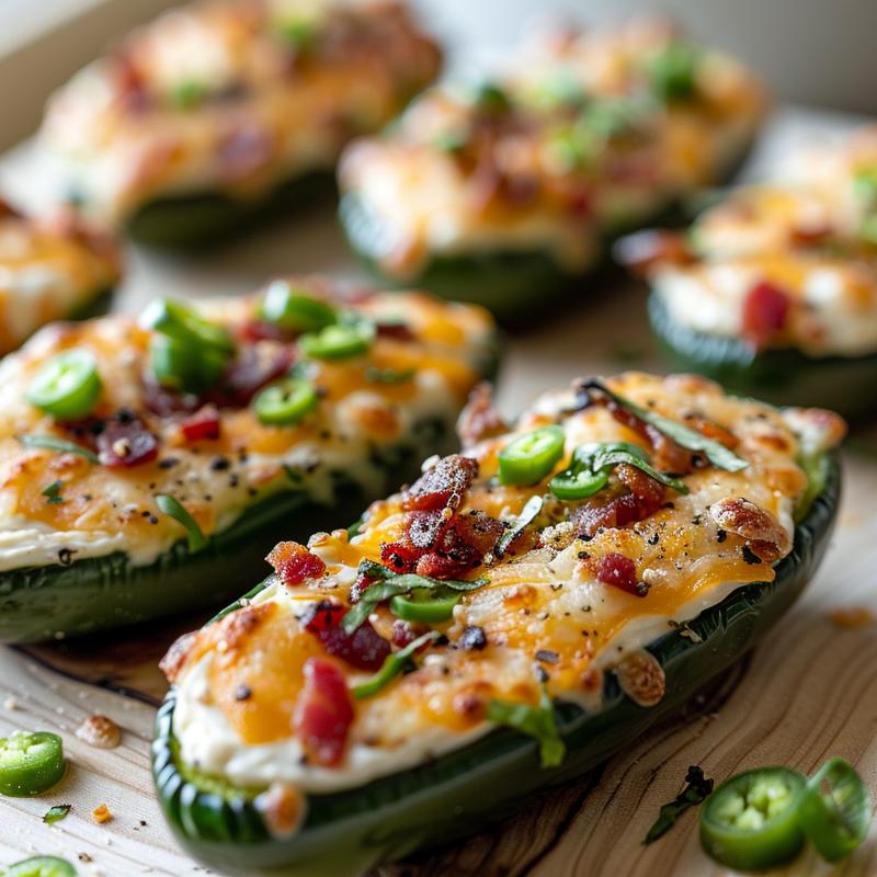 Close-up of jalapeño popper bites showing jalapeños, cheese, and bacon on a wood board.
