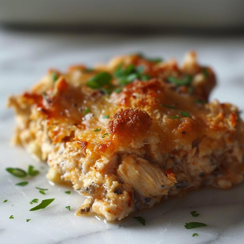 A close-up of a low carb chicken casserole showing golden cheese and tender chicken pieces.