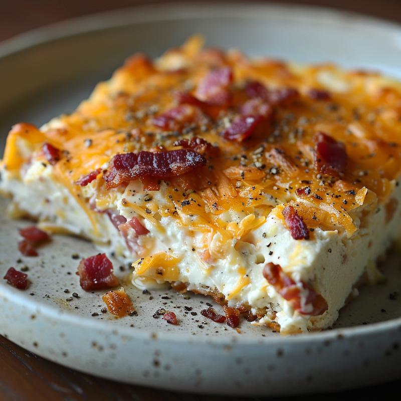 Creamy dip with visible cheese, bacon, and seasoning on a light grey plate.