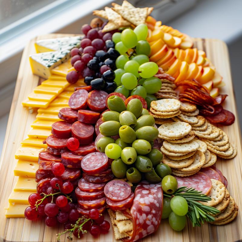 Close-up of a Christmas tree-shaped charcuterie board with cheese, meats, crackers, olives, and fruit.