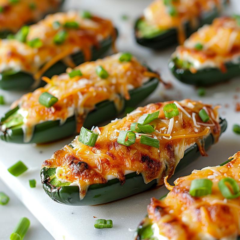 Close-up of cheesy jalapeno poppers on marble.