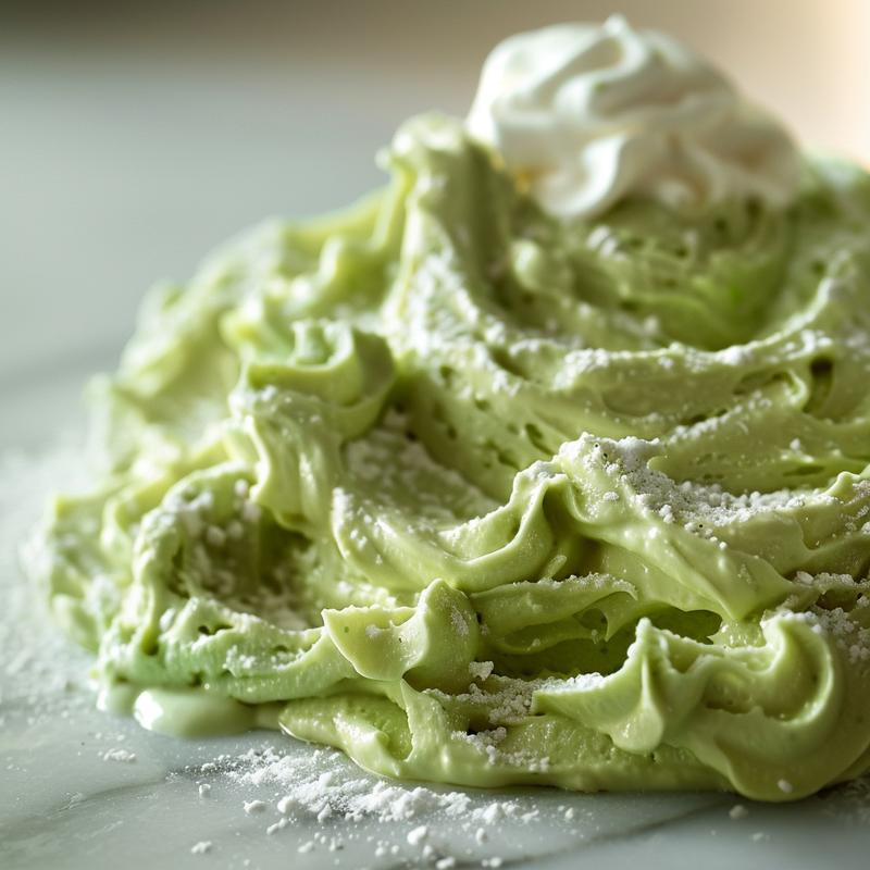 Close-up of bright green dip on white marble.