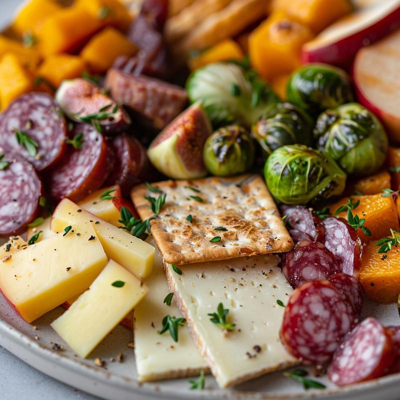 Close-up of a fall charcuterie board featuring cheese, meats, fruits, and vegetables.