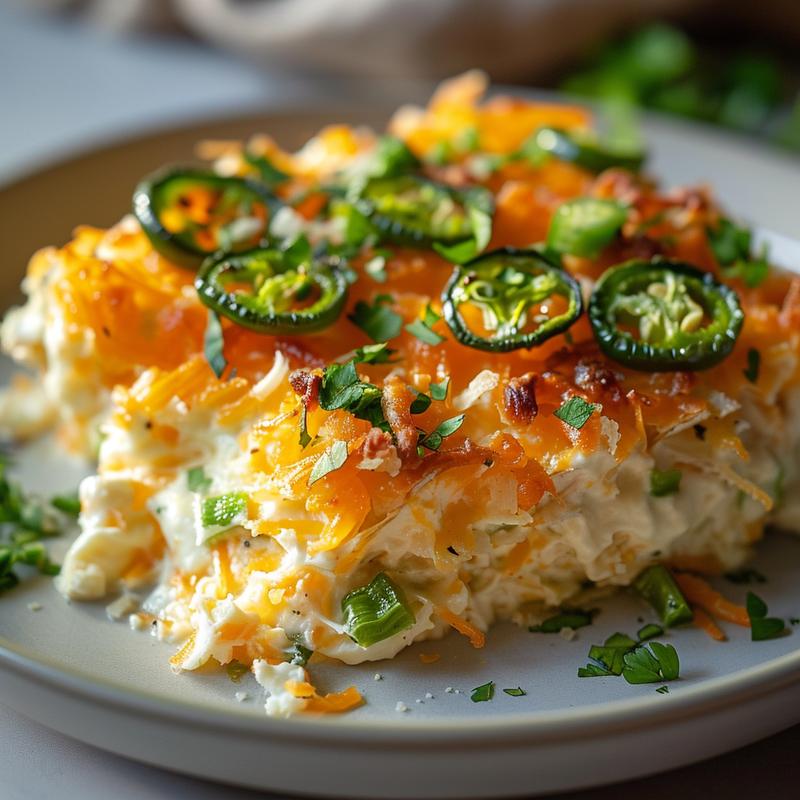 Close-up of a creamy jalapeno popper casserole with melted cheese.