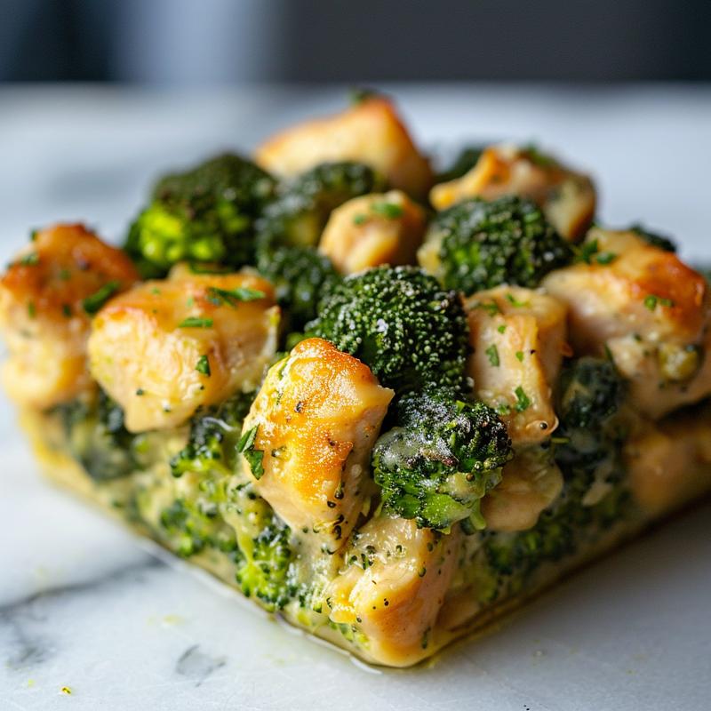 Close-up of a creamy chicken broccoli casserole on a white marble surface.