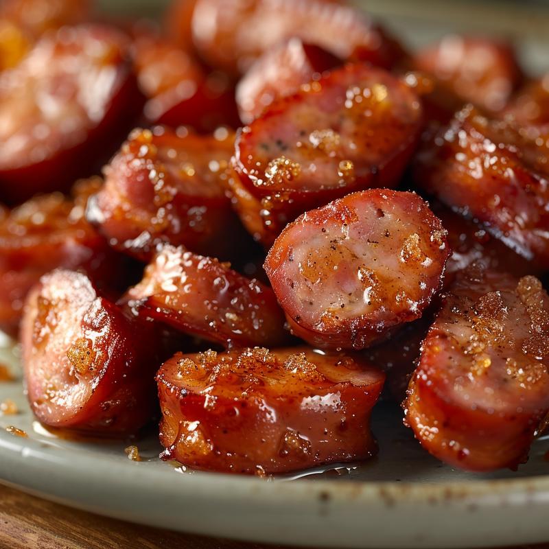Close-up of glazed brown sugar bacon-wrapped smokies on a grey plate.
