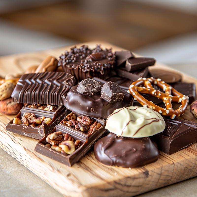 Close-up of a chocolate charcuterie board with various chocolates, pretzels, nuts, truffles, and wafers on light wood.