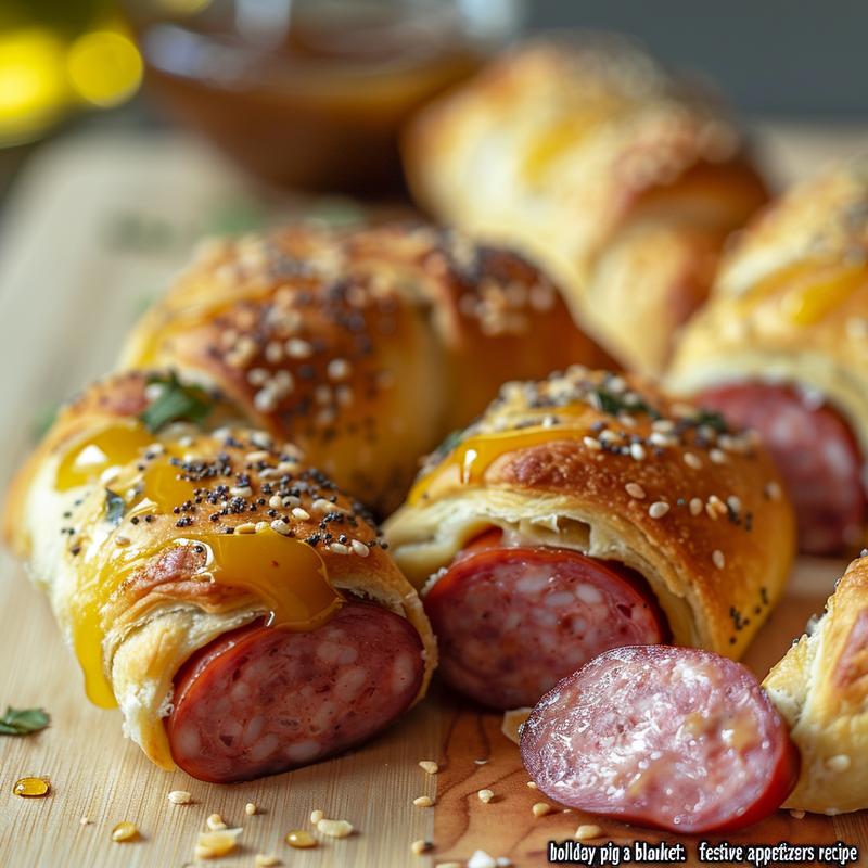 Close-up of holiday pigs in a blanket on a wood board.