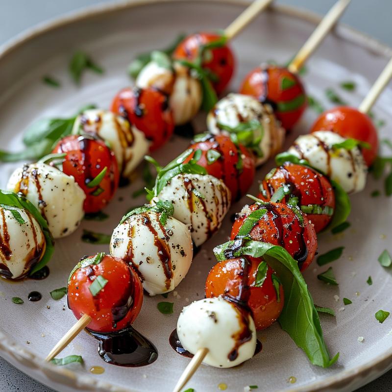Close-up of caprese skewers with mozzarella, tomatoes, basil, and balsamic glaze on a grey plate.