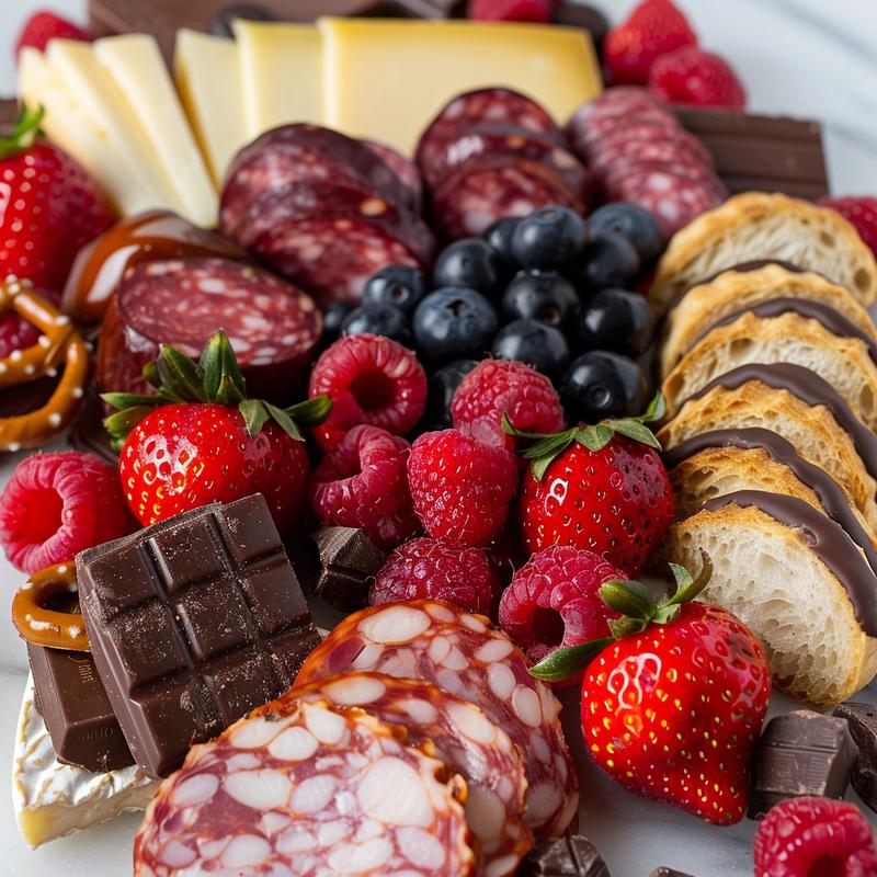 Close-up of Valentine's Day charcuterie board with cheeses, meats, and berries.