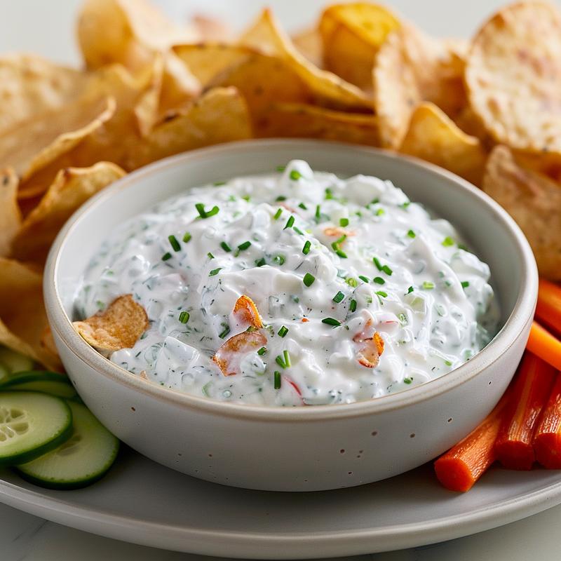 Close-up of chip dip with visible ingredients and assorted chips.