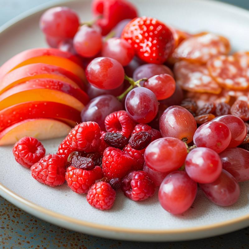Close-up of a Valentine's Day charcuterie board with red fruits on a gray plate.