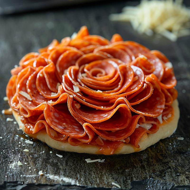 Close-up of pepperoni rose ingredients: pepperoni slices, dough, sauce, cheese on stone.