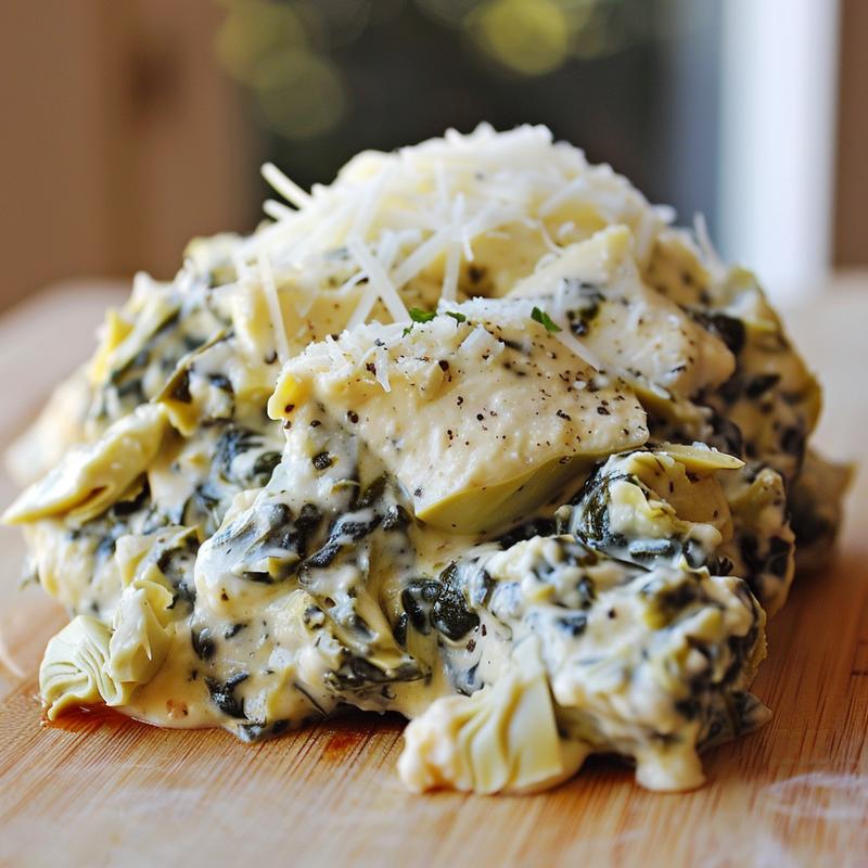 Close-up of creamy spinach artichoke dip on wood.