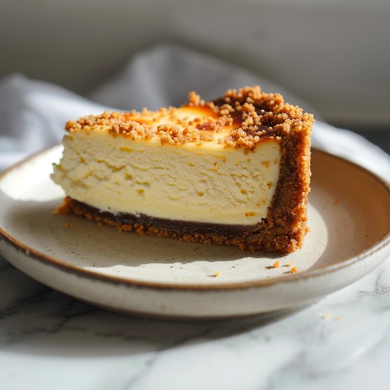 Close-up of a single mini cheesecake slice on a white marble surface.