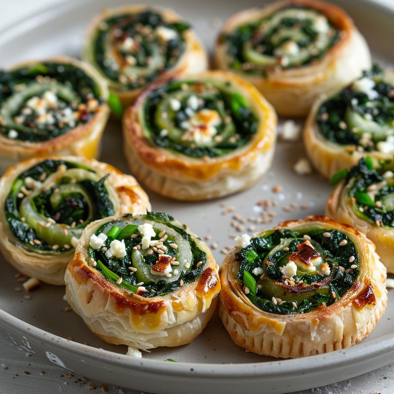 Close-up of gluten-free spinach and feta pinwheels on a grey plate.
