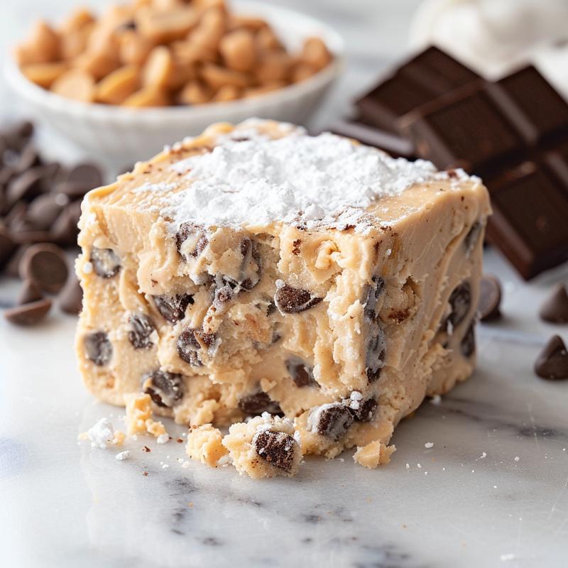 Close-up of a Reese's peanut butter cheese ball with chocolate chips on a marble surface.