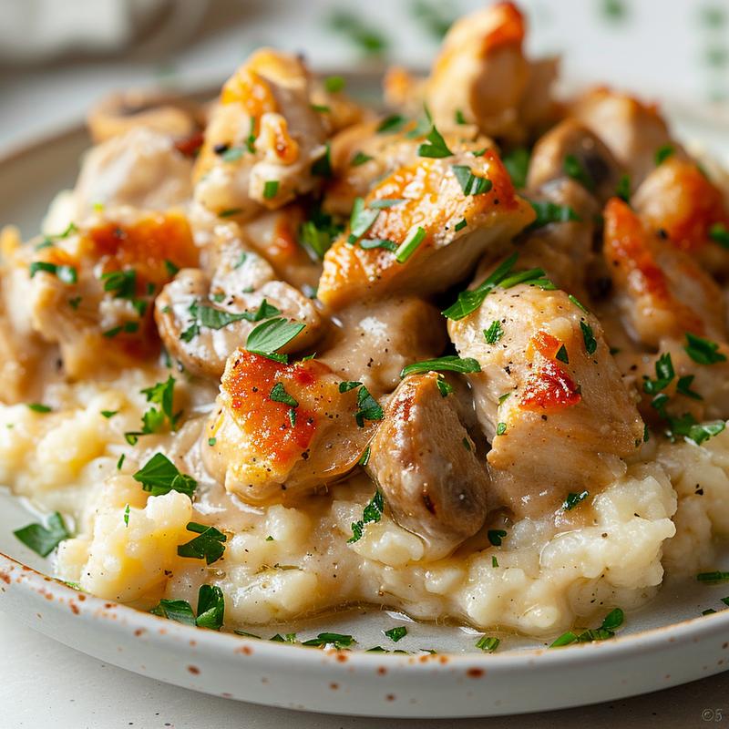 Close-up of a serving of keto chicken casserole on a light grey ceramic plate.