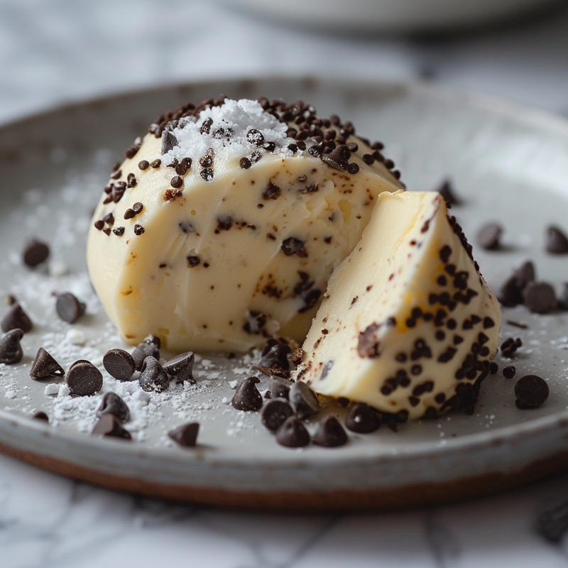 Close-up of a chocolate chip dessert cheese ball on a grey plate.