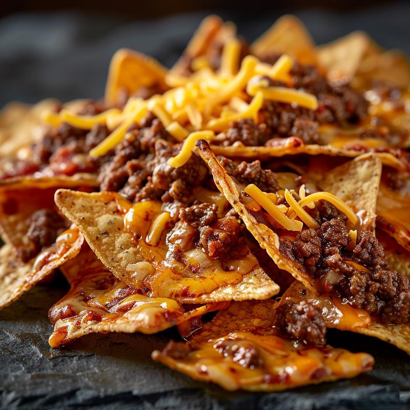 Close-up of beef nachos with melted cheese on dark surface.