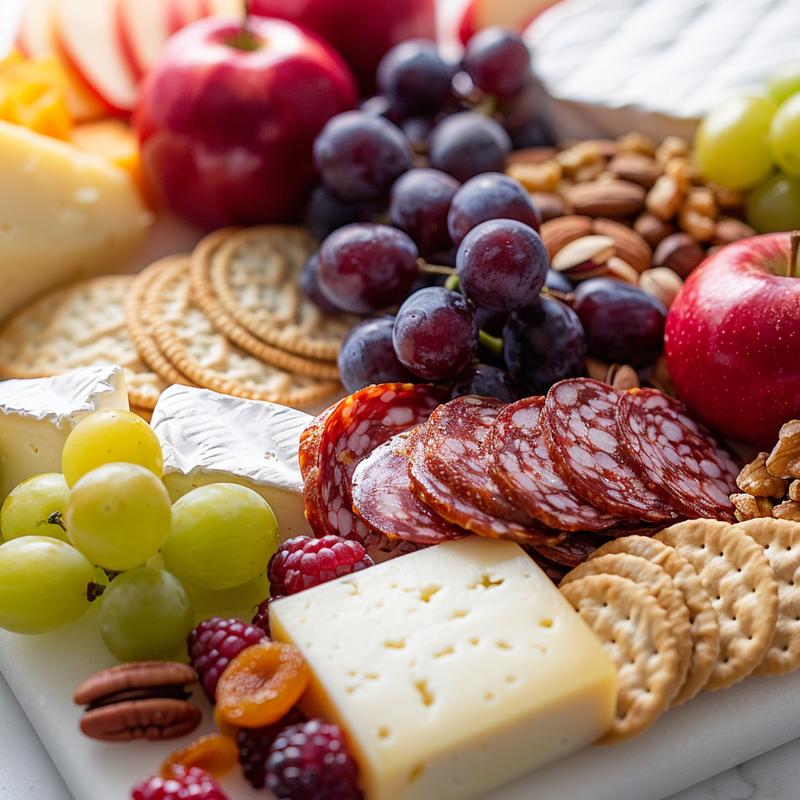 Close-up of a cheese board featuring various cheeses, meats, crackers, fruits and nuts on a white marble surface.