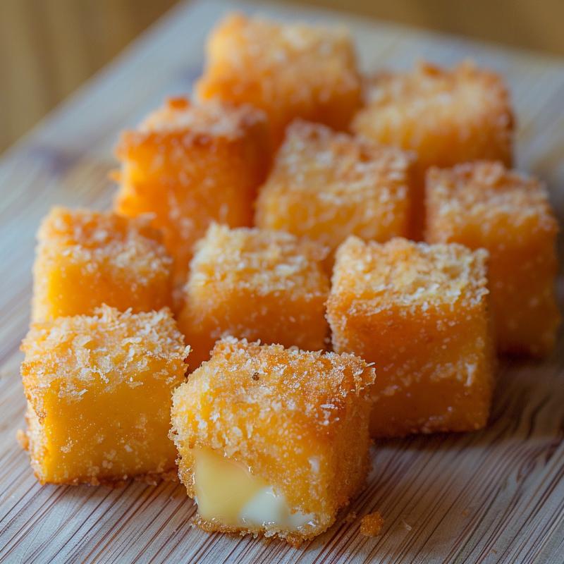 Close-up of crispy, golden-brown fried cheese cubes on a light wood board.