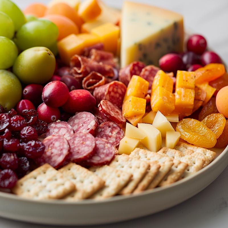 Close-up of a Thanksgiving charcuterie board with cheeses, meats, crackers, and fruit on a gray plate.