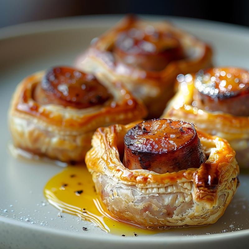 Close-up of pigs in blankets on a grey plate.
