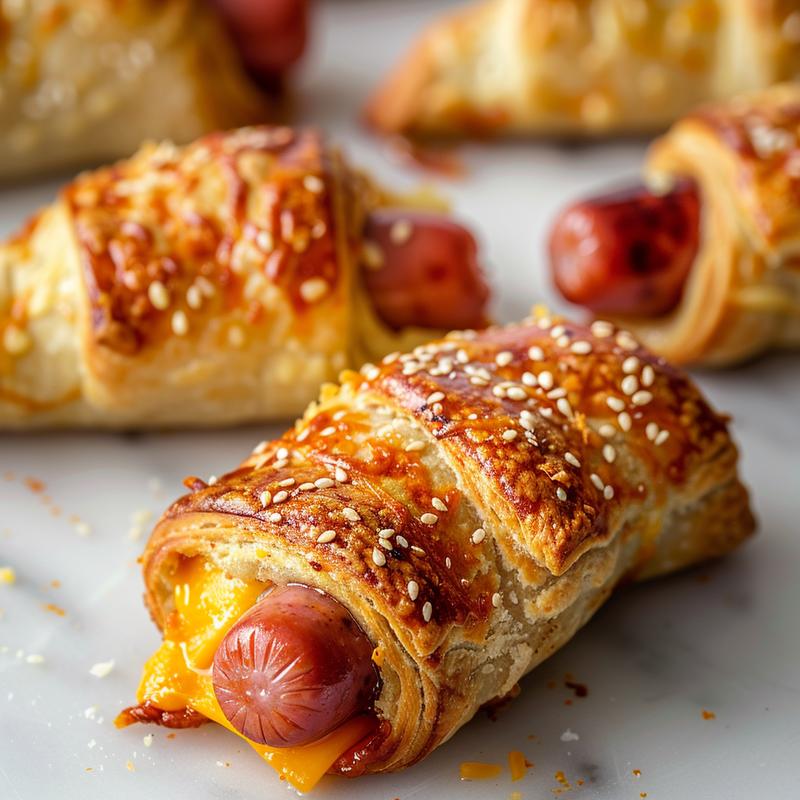 Close-up of golden brown pigs in a blanket on white marble.