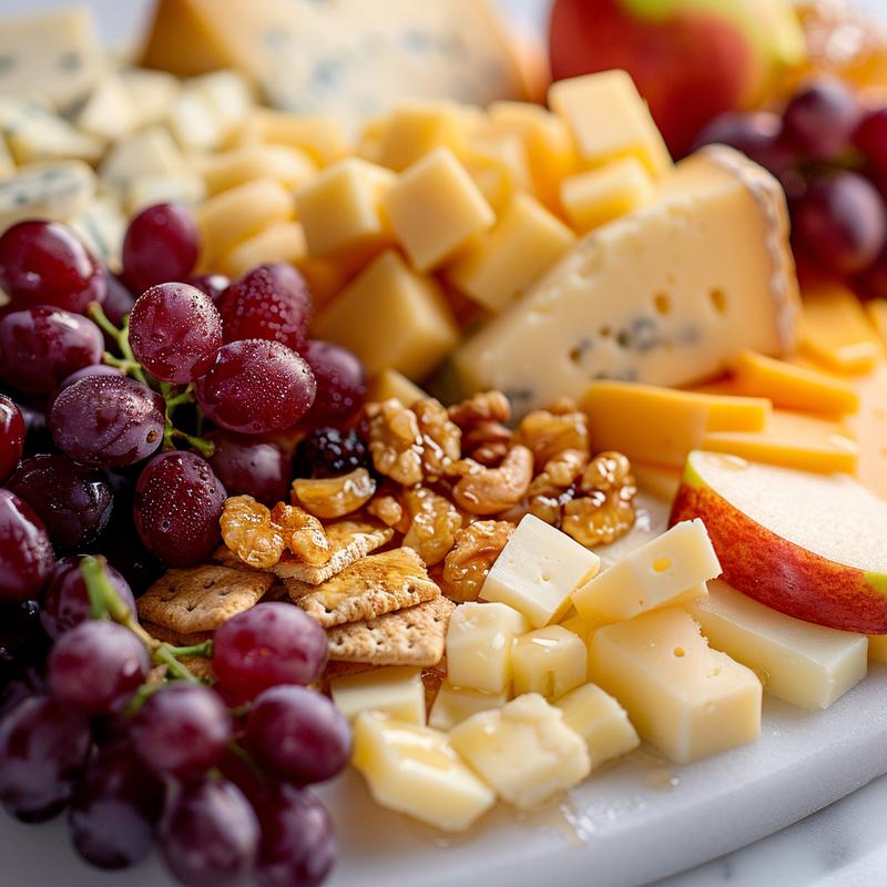 Close-up of a cheese board with various cheeses, fruits, and crackers.