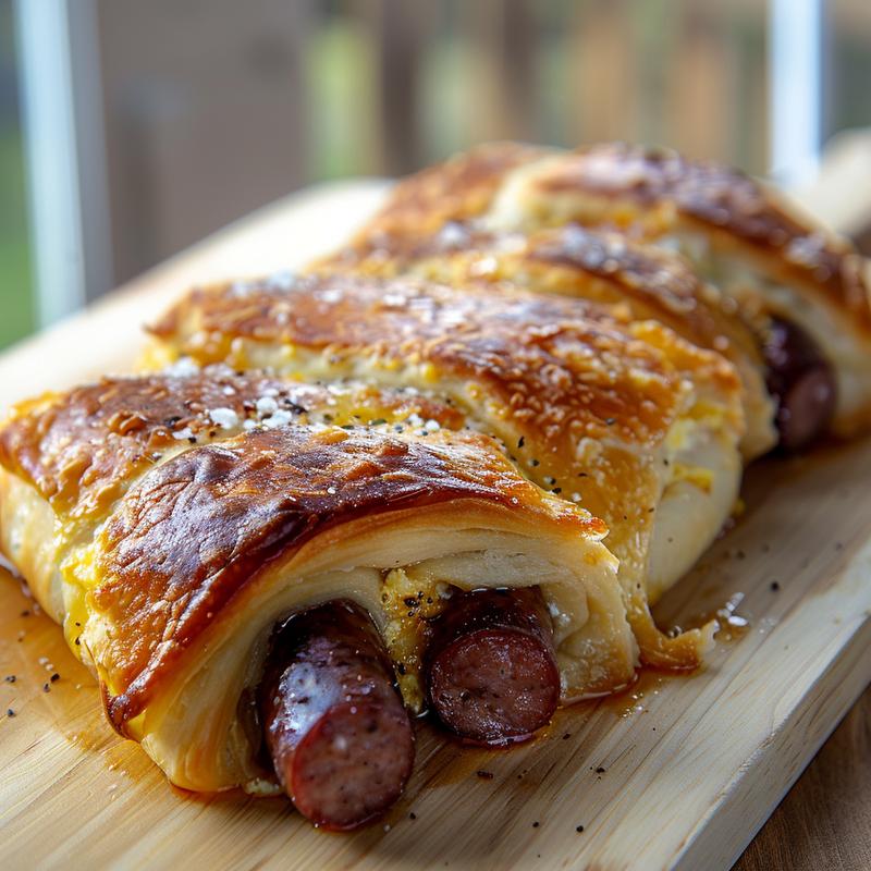 Close-up of a pigs in a blanket breakfast casserole with visible sausage and crescent roll layers.
