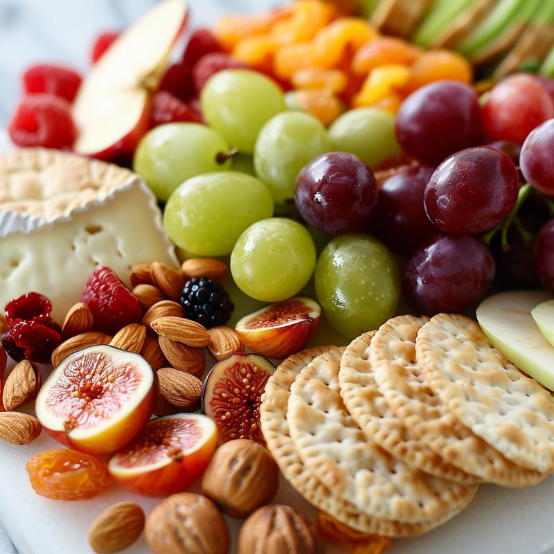 Close-up of a vegetarian charcuterie board with cheeses, fruits, nuts, and crackers on a white marble surface.