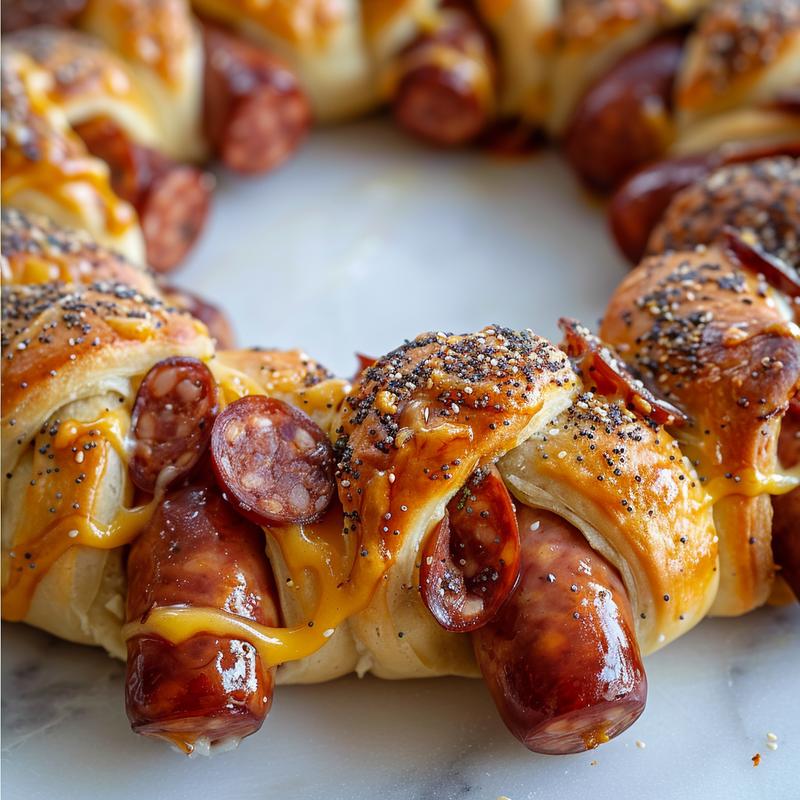 Close-up of a pigs in a blanket wreath on white marble.