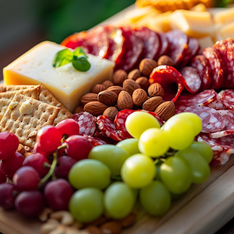 Close-up of a personalized mini charcuterie board with cheeses, meats, fruits, nuts, and crackers on light wood.