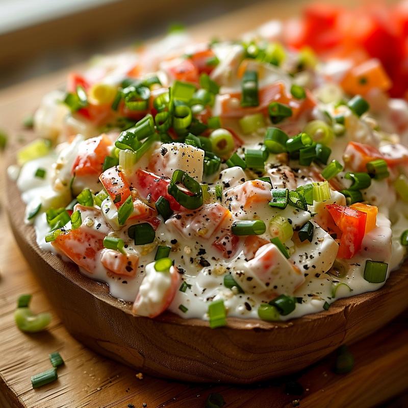 Close-up of creamy boat dip with visible ingredients on wood.