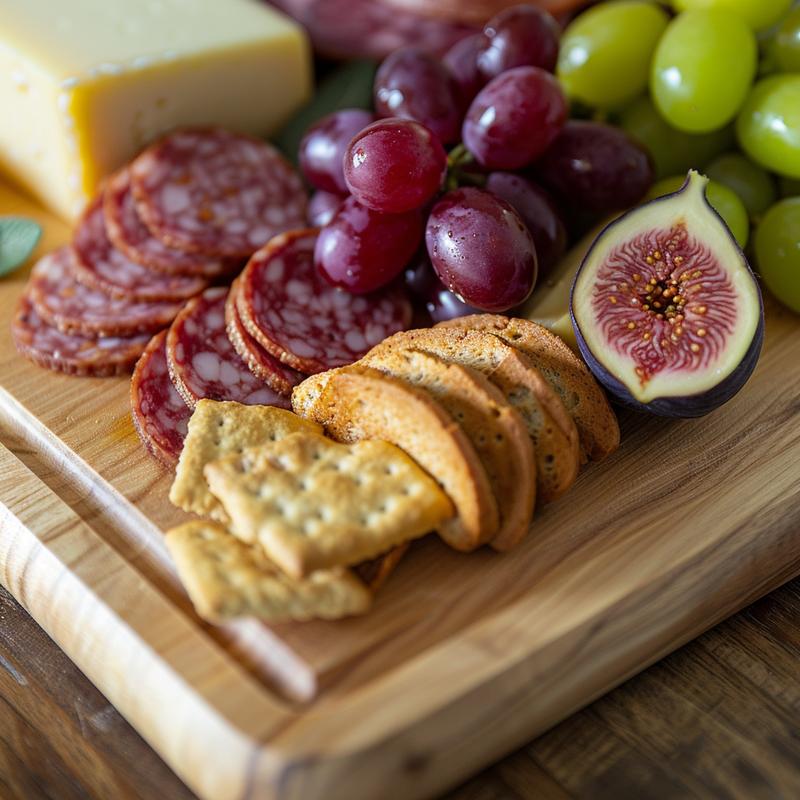 Close-up of a charcuterie board with cheeses, meats, fruits, and crackers.