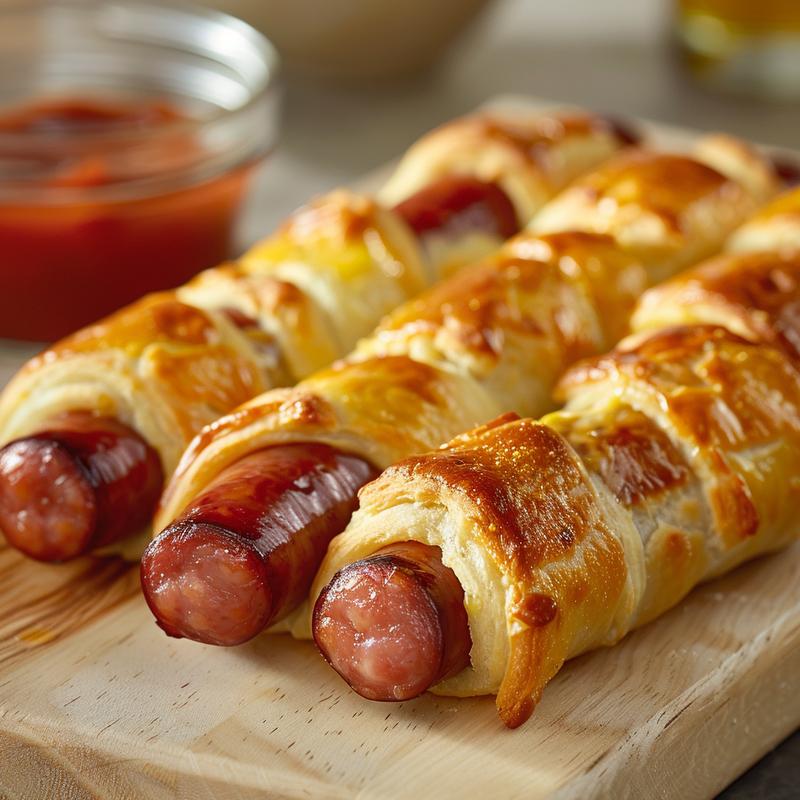 Close-up of pigs in a blanket on a wooden board.