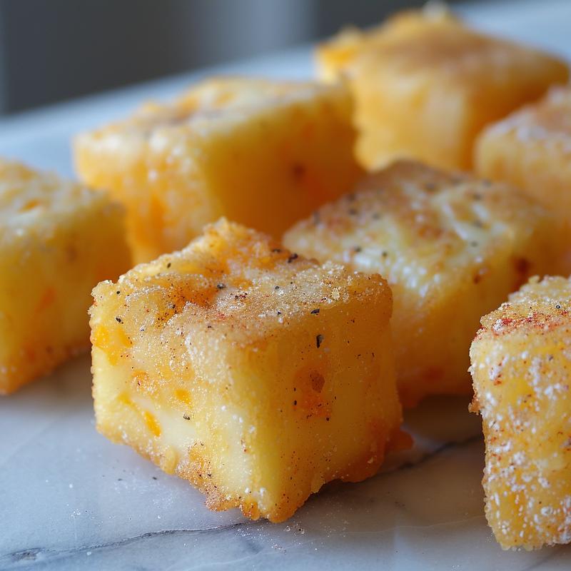 Close-up of fried cheese cubes with visible spices on a white marble surface.