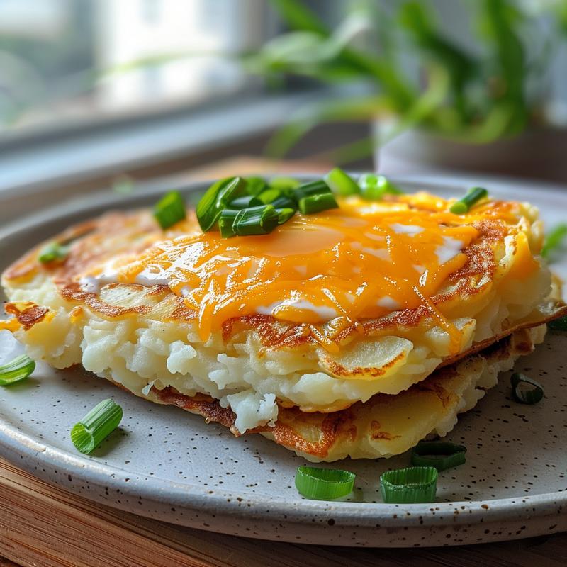 Close-up of a cheesy potato pancake slice on a light wood board.