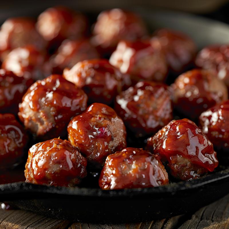 Close-up of BBQ meatballs in a crockpot, rich dark lighting.