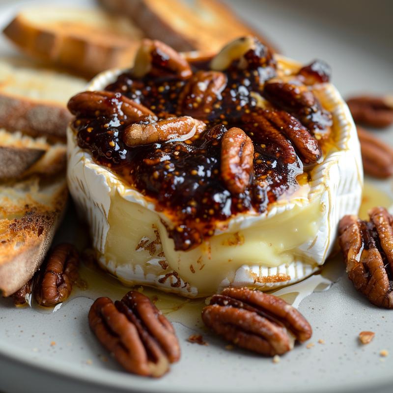 Close-up of baked brie topped with fig jam and pecans on a plate.