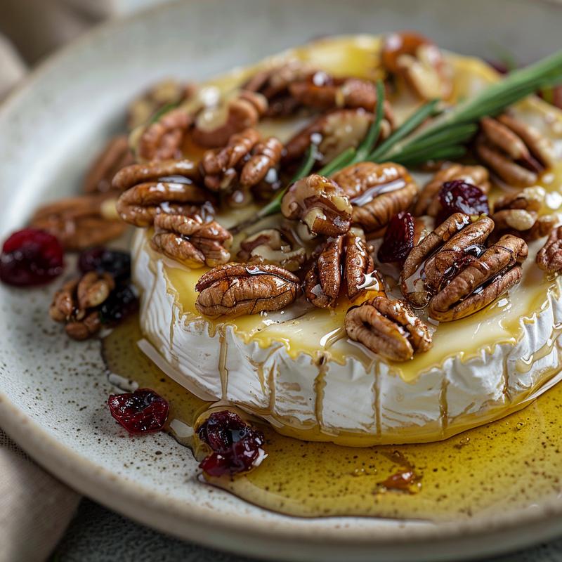 Close-up of baked brie topped with honey and nuts on a light grey plate.
