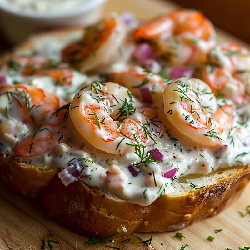 Close-up of shrimp dip with visible shrimp, red onion, and dill on a wooden board.