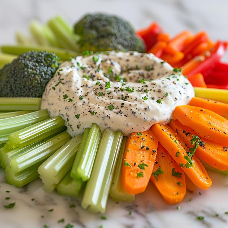 Close-up of creamy veggie dip surrounded by fresh vegetables on a white marble surface.