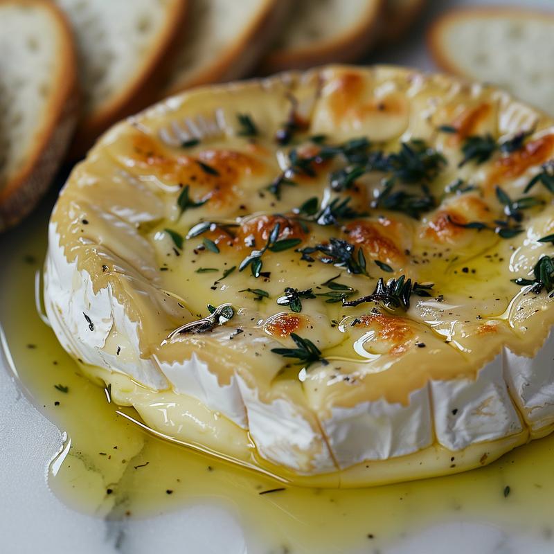 Close-up of baked brie with garlic and herbs on white marble.
