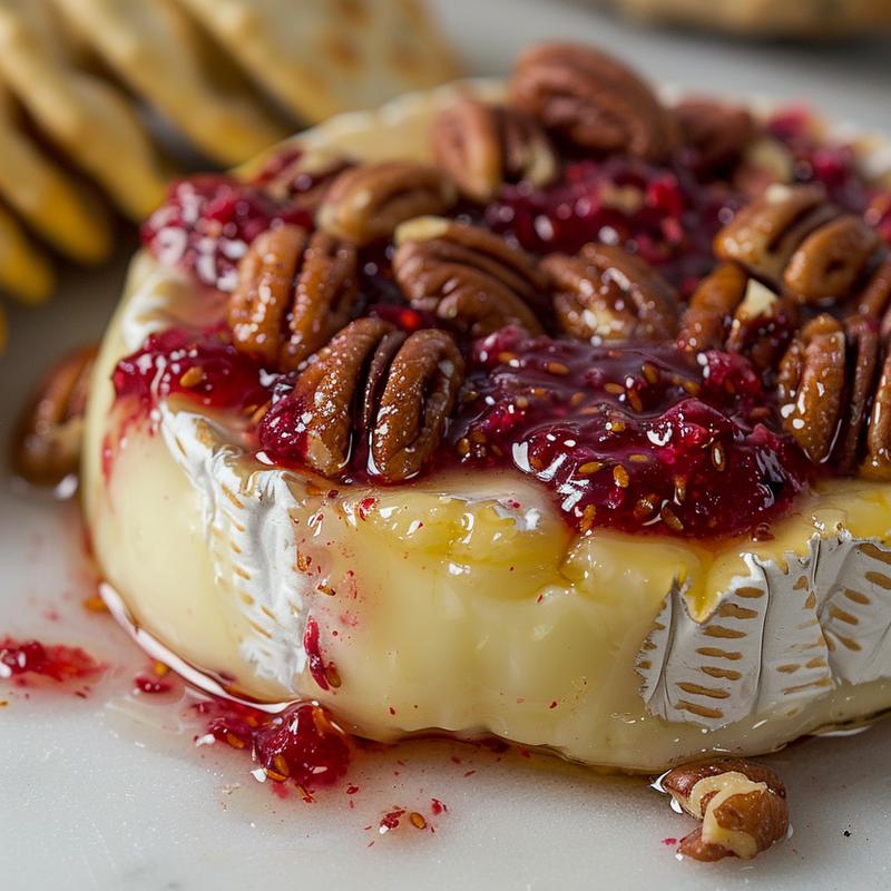 Close-up of baked brie topped with raspberry jam and nuts, on white marble.