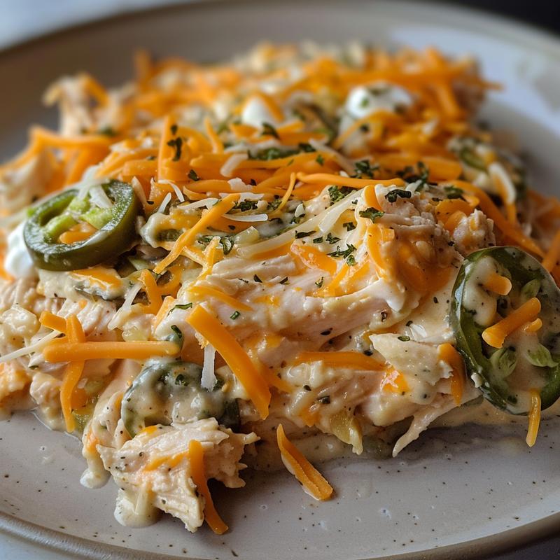 Close-up of creamy chicken casserole with visible shredded chicken and cheese.