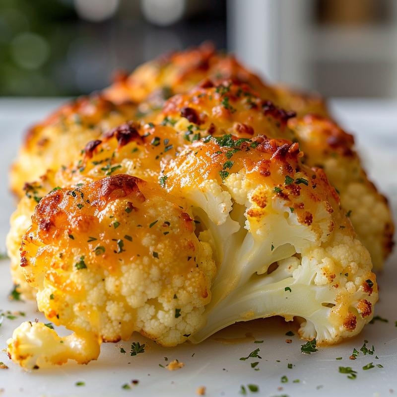 Close-up of a cheesy cauliflower bake on a white marble surface, highlighting its texture.