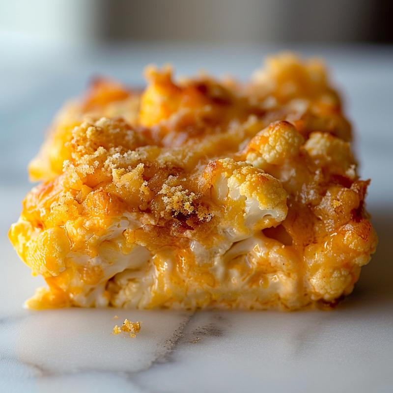 Close-up view of a cheesy cauliflower casserole with a creamy texture on a white marble surface.