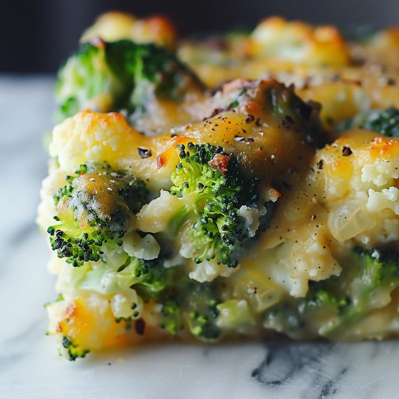 A close-up view of a creamy, cheesy loaded cauliflower casserole on a light grey plate, showcasing its textures and toppings.